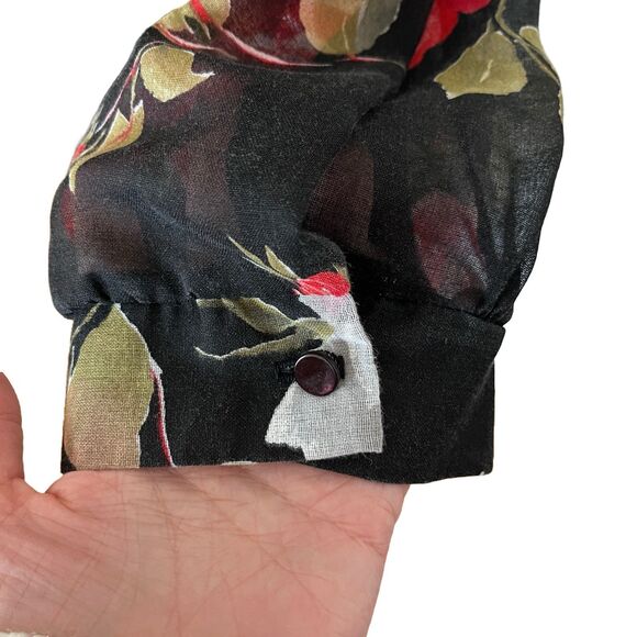 Vintage 1980s Retro Sheer Black Floral Cottagecore Midi Shirt Dress w/Pocket - Picture 6 of 11